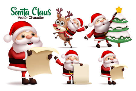 Santa claus character vector set. Santa claus characters in reading wish list, riding reindeer and christmas tree decorating for xmas 3d realistic collection design. Vector illustration.のイラスト素材