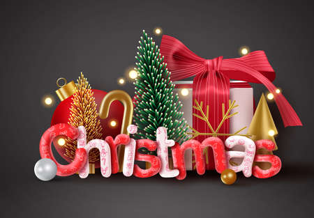 Christmas vector concept design. Christmas 3d text with colorful xmas elements like gift, ball, pine...