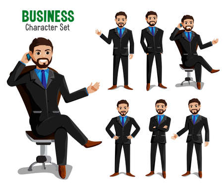 Businessman vector character set. Business man characters in different pose and gestures like calling, sitting  and standing  for office male manager cartoon design. Vector illustration.のイラスト素材