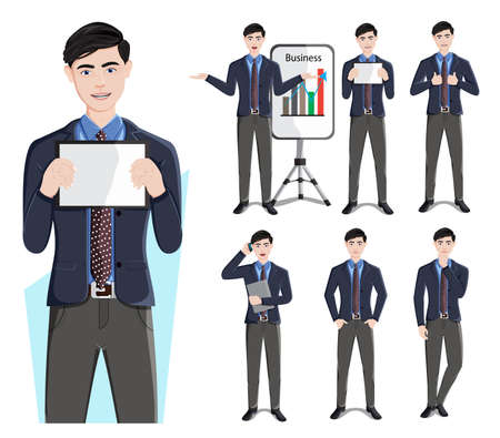 Businessman characters vector set. Business man male character in standing pose and gestures for sales demo presentation collection design. Vector illustrationのイラスト素材