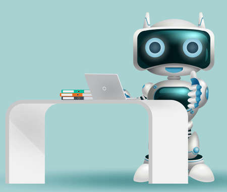 Robot 3d information character vector background design. Robotic help desk character happy standing for modern cyborg technology design. Vector illustration.のイラスト素材