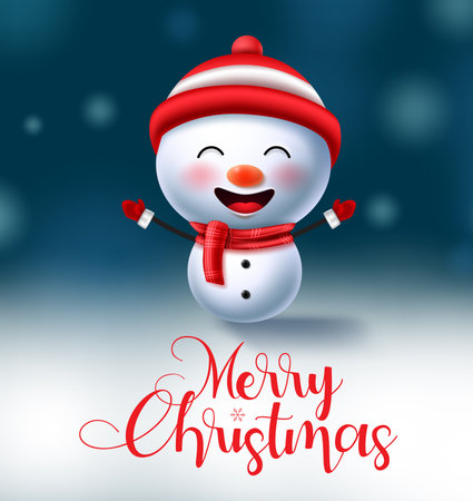 Christmas snowman character vector background design. Merry christmas typography text greeting with cute snow man character for xmas season invitation card design. Vector illustration.のイラスト素材