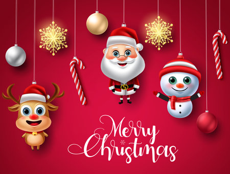 Christmas character hang vector background design. Merry christmas text with hanging characters like santa claus, snow man and reindeer for xmas season greeting card . Vector illustration.のイラスト素材