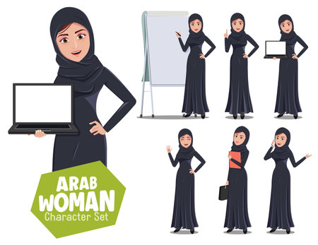 Arab woman character teacher vector set. Arabian female characters in teaching and presenting pose and gesture for arabic lady instructor cartoon collection. Vector illustration.のイラスト素材