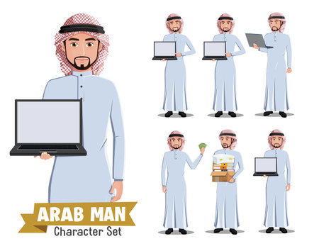 Arab business man vector character set. Saudi arabian male businessman characters in different standing pose and gestures for arabic buy and sell trade collection design. Vector illustration.のイラスト素材