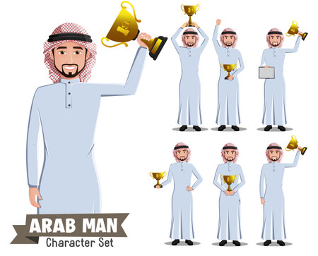 Arab man achievement vector character set. Saudi arabian male characters award winner in standing and celebrating victory pose and gesture for arabic champion design collection. Vector illustration.のイラスト素材