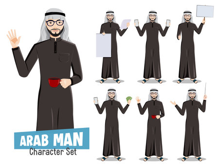 Arab man saudi vector character set. Arabian professional male businessman characters holding coffee, money and white board for arabic cartoon collection design. Vector illustration.のイラスト素材