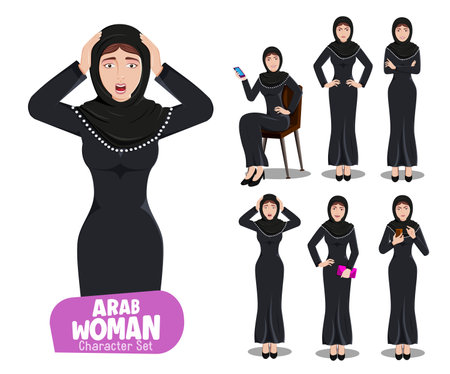 Arab woman vector characters set. Arabian female character in shocked, angry and happy facial expression for arabic lady cartoon collection design. Vector illustration.のイラスト素材