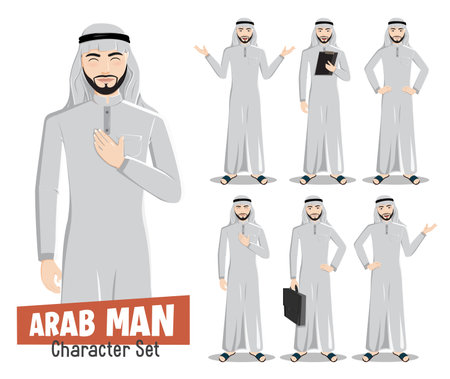 Arab man vector characters set. Arabian saudi male character isolated in white background with standing pose and gestures for businessman arabic cartoon collection design. Vector illustration.のイラスト素材