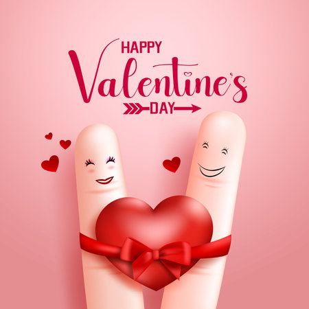 Valentine's couple vector background design. Happy valentine's day text with in love finger lovers for romantic valentines day greeting card design. Vector illustrationのイラスト素材