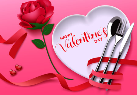 Valentines date vector background design. Happy valentine's day greeting text with heart plate and red rose for romantic valentine dinner date design. Vector illustrationのイラスト素材
