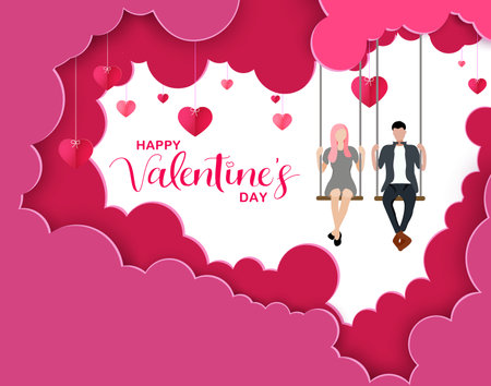 Valentines character vector background design. Happy valentine's day text with couple characters dating and sitting in swing with paper cut hearts and clouds for romantic valentine's day design.のイラスト素材