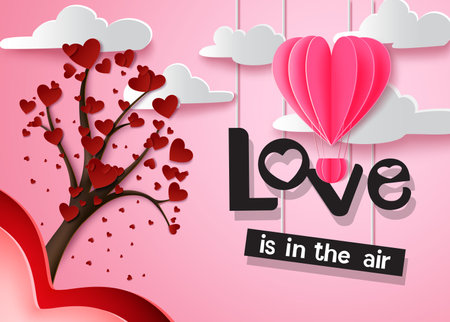 Love valentine's vector background design. Love is in the air text hanging with hearts tree and hot air balloon paper cut elements for romantic valentine design. Vector illustrationのイラスト素材