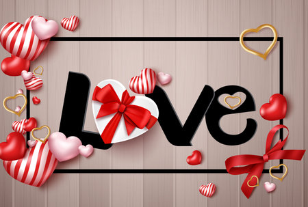Love valentine's vector background concept. Love paper cut text in black frame with romantic elements like gifts and hearts for romantic valentine's day decoration design. Vector illustrationのイラスト素材