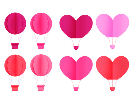 Paper cut hot air balloon valentine vector set. colorful hot air balloons in paper art element isolated in white background for valentines romantic valentines collection design. Vector illustrationのイラスト素材