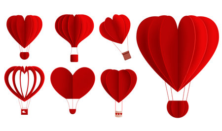 Hearts hot air balloon valentine vector set. Red hot air balloons in heart shape element isolated in white background for valentines romantic decoration collection design. Vector illustrationのイラスト素材