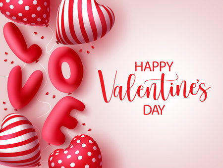 Valentines vector banner template. Happy valentine's day greeting text in empty space for valentine's messages with 3d realistic love and heart shape balloon elements. Vector illustrationのイラスト素材