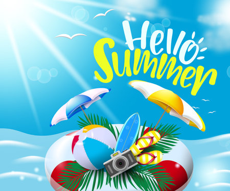Summer vector background design. Hello summer text with floating floater in sea water background with beach ball, umbrella and flip flop beach element for holiday vacation. Vector illustrationのイラスト素材