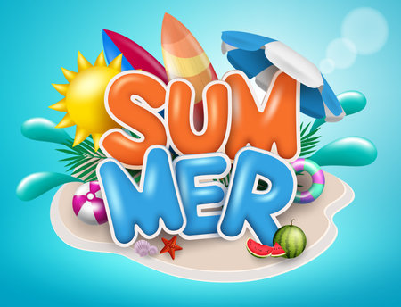 Summer vector concept design. Summer text in island with beach element like sun, surfboard and umbrella in blue sea background. Vector illustrationのイラスト素材