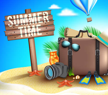Summer time vector concept background. Summer time text in beach island with elements like suitcase travel bag, lens camera and sunglasses for fun and enjoy outdoor vacation design.のイラスト素材