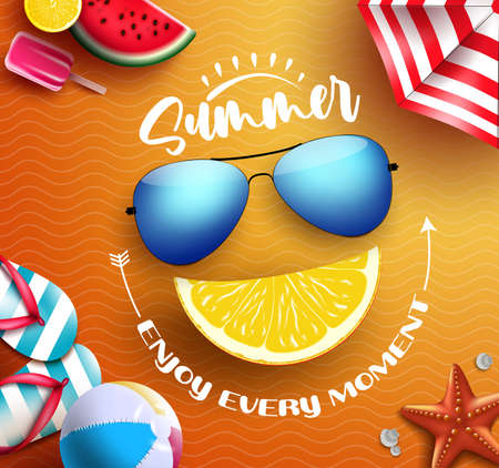 Summer vector concept design. Summer enjoy every moment text with tropical elements like sunglasses and lemon in happy smile face for fun and enjoy holiday vacation season. Vector illustrationのイラスト素材