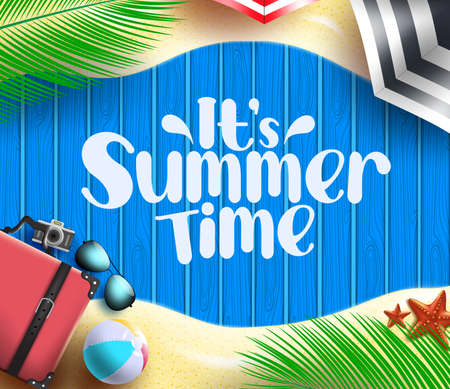 Summer time vector banner background. It's summer time text with holiday travel elements like suitcase bag, sunglasses and camera for tropical season vacation design. Vector illustrationのイラスト素材