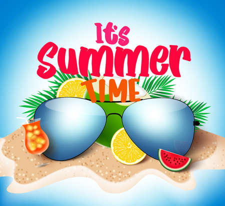 Summer time vector banner background. It's summer time text in island with elements like sunglasses, palm leaves and tropical fruits and juice for vacation season design. Vector illustrationのイラスト素材