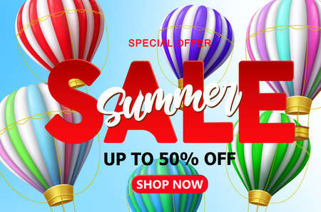 Summer sale vector banner background. Summer sale 50% off text with 3d colorful hot air balloon and blue sky design for seasonal holiday discount promo advertisement. Vector illustrationのイラスト素材