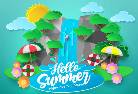 Hello summer vector concept design. Hello summer enjoy every moment text for outdoor tropical season vacation with waterfall background and forest trees nature elements. Vector illustrationのイラスト素材