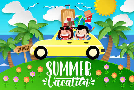 Summer character vector background design. Summer vacation text with kids characters riding car in beach paper cut for fun and enjoy holiday season outdoor travel. Vector illustrationのイラスト素材