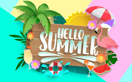 Hello summer vector concept design. Hello summer text with colorful elements like palm tree, leaves, umbrella and flamingo for tropical holiday season background. Vector illustrationのイラスト素材