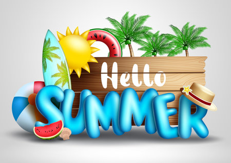 Hello summer vector concept design. Hello summer text in tropical season background with elements like palm trees, surf board and floater for fun outdoor holiday vacation. Vector illustrationのイラスト素材