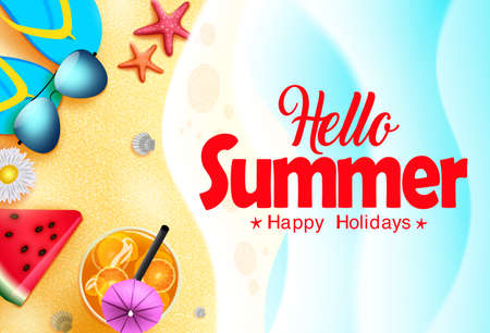 Hello summer vector banner design. Hello summer happy holidays text in sea background with beach...