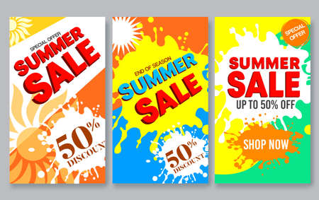 Summer sale vector poster set design. Summer sale 50% off text with abstract paint splash element in colorful background for seasonal holiday discount promo advertisement. Vector illustrationのイラスト素材