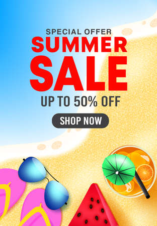 Summer sale vector poster design. Summer sale 50% off shop now text in beach background with tropical season elements for seasonal holiday discount promotion. Vector illustrationのイラスト素材