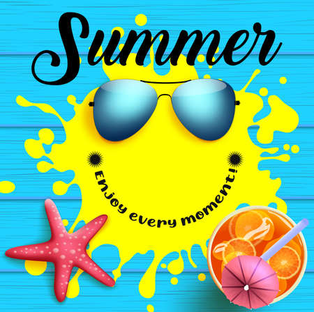 Summer character vector concept design. Summer text with paint splash smiling character and elements like sunglasses, drinks and starfish for tropical holiday season. Vector illustrationのイラスト素材
