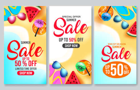 Summer sale vector poster set design. Summer sale 50% off shop now text in beach seashore background with elements of tropical season for holiday shopping discount promotion. Vector illustrationのイラスト素材