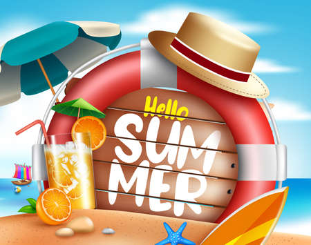Hello summer vector concept design. Hello summer text in wood texture with colorful beach elements like lifebuoy, juice drinks and hat for outdoor tropical holiday season. Vector illustrationのイラスト素材