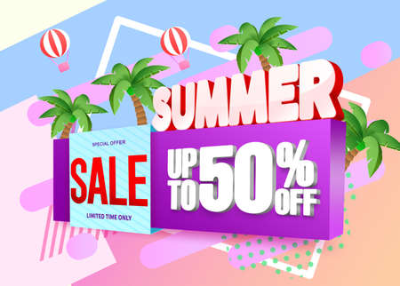 Summer sale 3d vector banner design. Summer special offer sale with up to 50% off text in 3d signage element for holiday tropical season vacation sale promotion advertisement. Vector illustration.のイラスト素材