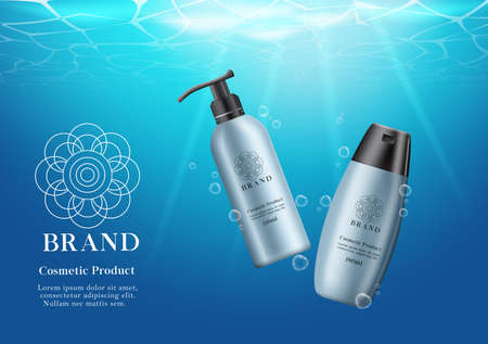 Cosmetic shower products vector banner template. Cosmetics body wash and shampoo product for skin care advertisement design under water background. Vector illustrationのイラスト素材