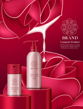 Cosmetic rose product vector poster template. Cosmetic lotion products with rose natural fragrance for mockup commercial advertisement design. Vector illustrationのイラスト素材