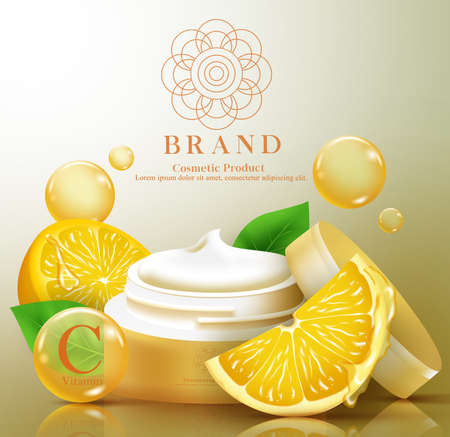 Cosmetics lemon product vector template design. Moisturizing cream cosmetic product mock up with natural lemon extract for organic face skin care brand advertisement. Vector illustrationのイラスト素材