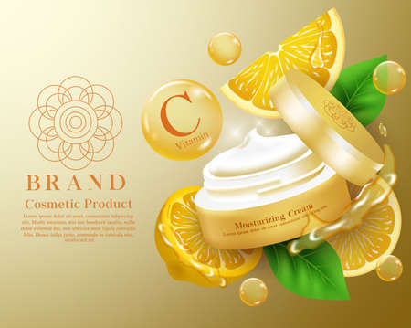 Moisturizing cosmetic product vector banner template. Cosmetics lemon moisturizer cream products in tub container with extract element for skin care ad mock up brochure design. Vector illustrationのイラスト素材