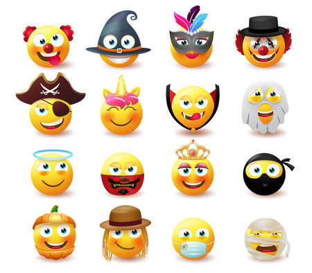 Smileys costume character vector set. Smiley emoji in cute and scary masquerade party design with mask emoticon characters like clown, witch and ghost for avatar collection. Vector illustrationのイラスト素材