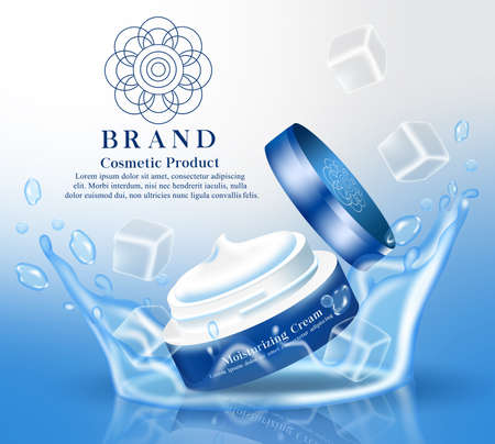 Moisturizing cream cosmetics product vector banner template. Moisturizer cooling cream cosmetic products in tub element for beauty skin care brand mock up advertisement design. Vector illustrationのイラスト素材