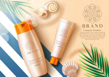 Cosmetics sunscreen product vector banner template. Cosmetic mock up sunblock products with summer elements in sand background for skin sun protection leaflet advertisement design. Vector illustrationのイラスト素材