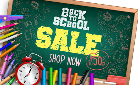 Back to school sale vector banner design. Back to school sale up to 50% off text with chalkboard and student supplies elements for educational promo advertisement design. Vector illustrationのイラスト素材