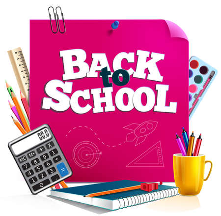 Back to school vector concept design. Back to school text in sticky note poster background with education elements like calculator and notebook for education study decoration. Vector illustrationのイラスト素材