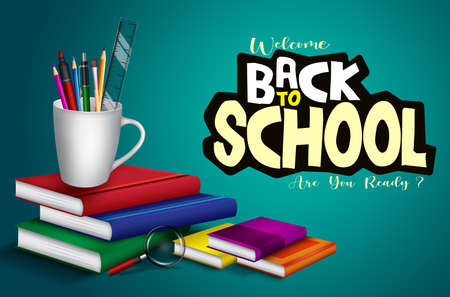 Back to school vector banner background. Welcome back to school text with books, pens and mug holder educational supplies element for class study items design. Vector illustrationのイラスト素材