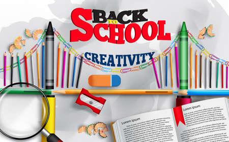 Back to school vector template banner. Welcome back to school text written in crumpled paper sheet with educational supplies items for education study design. Vector illustrationのイラスト素材